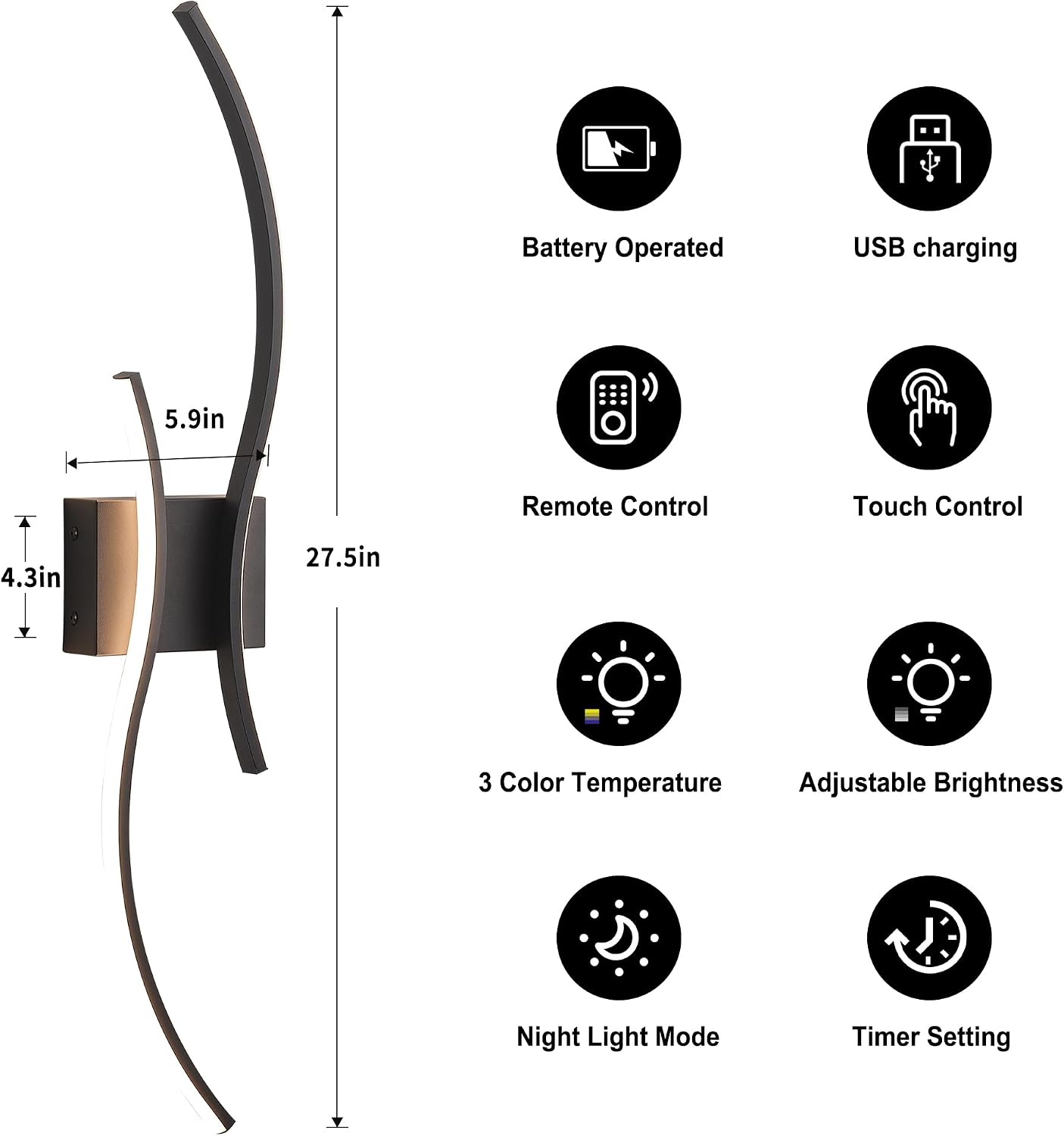 Battery Operated Wall Sconces Set of Two with Remote Control, Battery Wall Light, Stepless Colors 3000K-6000K & Dimming, Black Rechargeable Wall Sconces for Living Room, Hallway, Bedroom, 27.5 Inch
