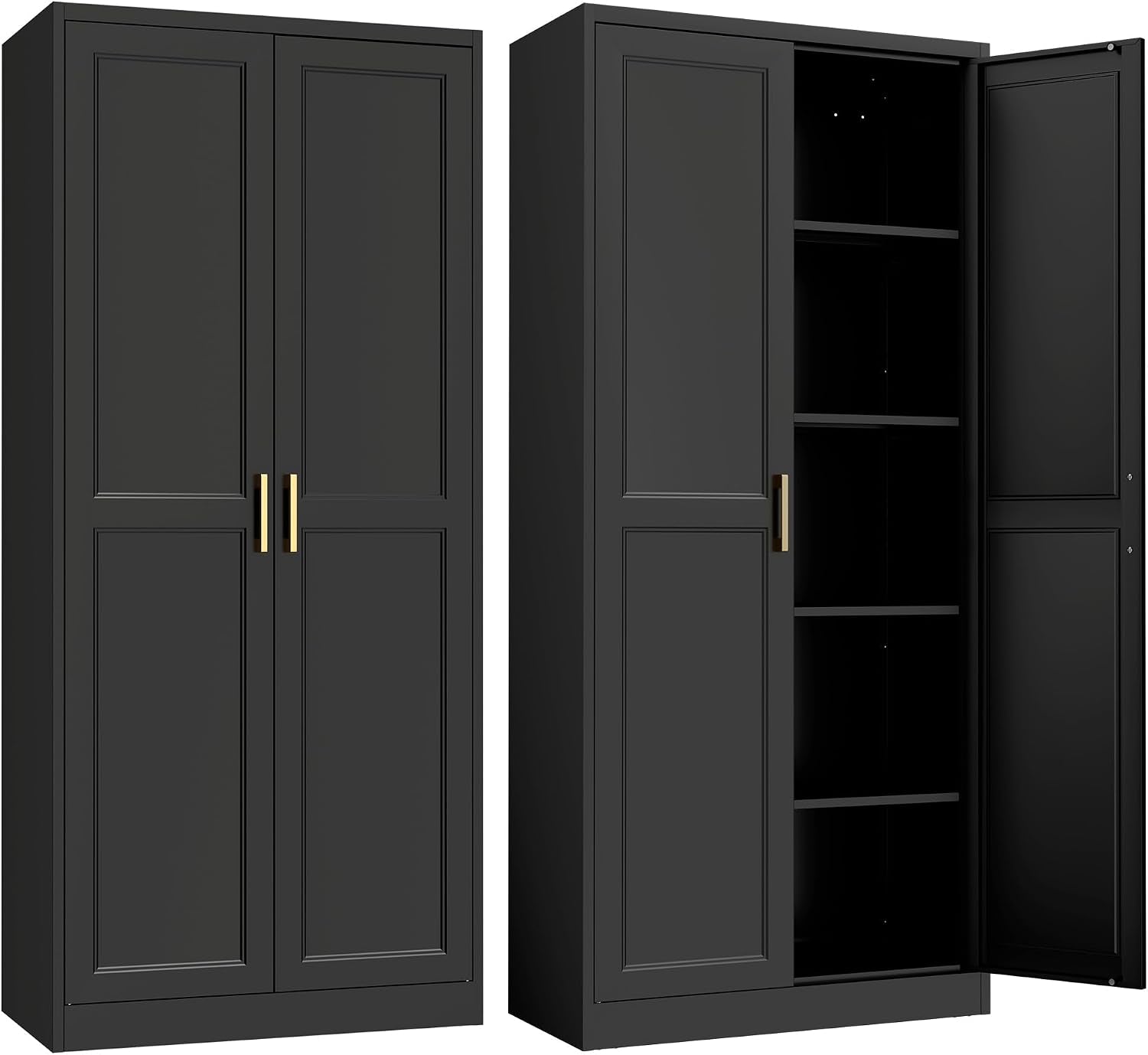 SteeLoong Kitchen Pantry Cabinet,71'Black Metal Pantry Storage Cabinet with Doors and 4 Adjustable Shelves,Kitchen Cabinet with 2 Gold Handles,Tall Cabinet for Livingroom,Pantry, Bathroom