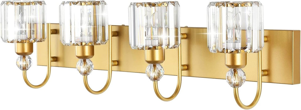 Ralbay Gold Vanity Lights 4-Lights Gold Crystal Bathroom Vanity Lights Over Mirror Modern Crystal Bathroom Wall Lighting Fixtures