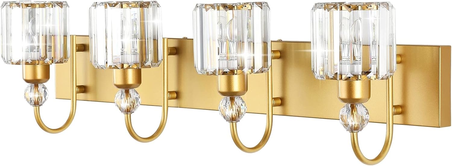 Ralbay Gold Vanity Lights 4-Lights Gold Crystal Bathroom Vanity Lights Over Mirror Modern Crystal Bathroom Wall Lighting Fixtures