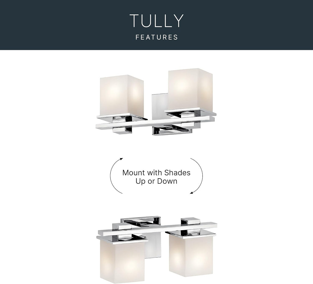 Kichler Tully 15' Vanity Light in Chrome, 2-Light Modern Bathroom Light with Satin Etched Cased Opal Glass, (15' W x 6.5' H), 45150CH