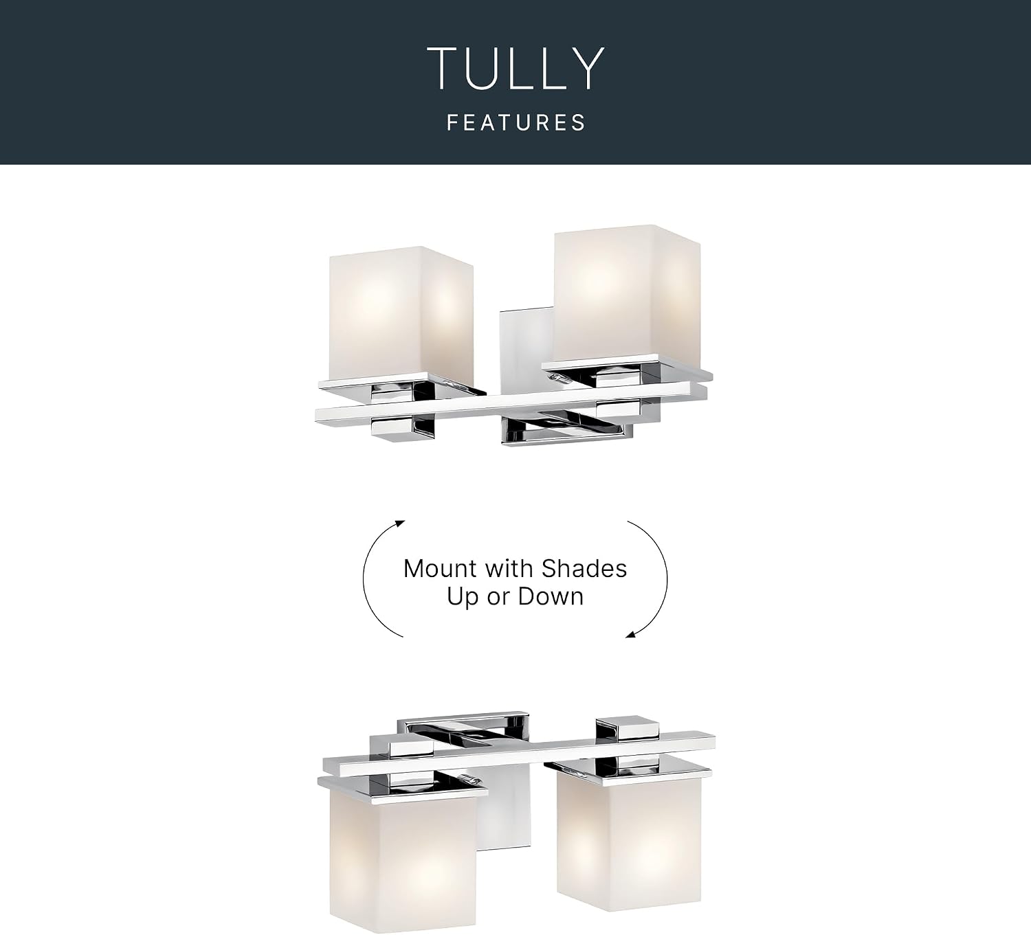 Kichler Tully 15' Vanity Light in Chrome, 2-Light Modern Bathroom Light with Satin Etched Cased Opal Glass, (15' W x 6.5' H), 45150CH