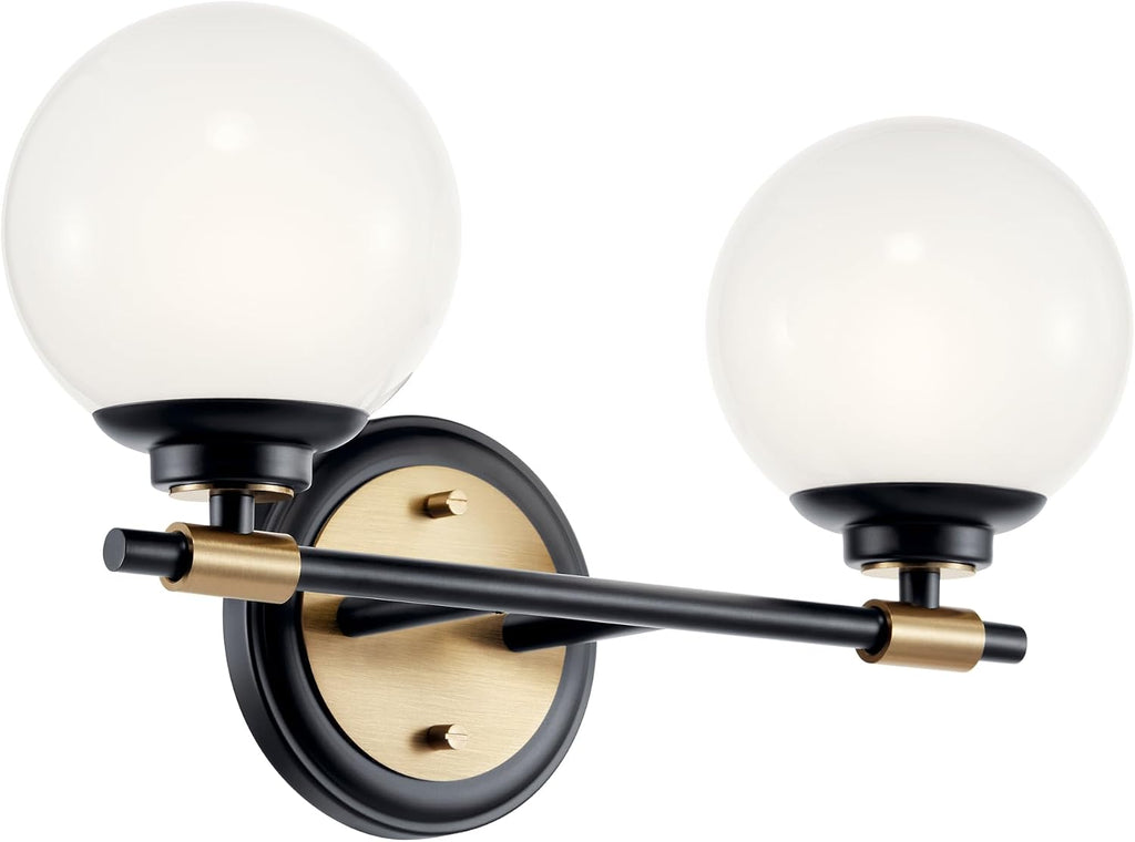 Kichler Benno 2-Light Bathroom Vanity Light Fixture with Opal Glass, Modern Black and Champagne Bronze Light for Powder Room or Bath (8.75 in x 14.75 in), 55171BKCPZ