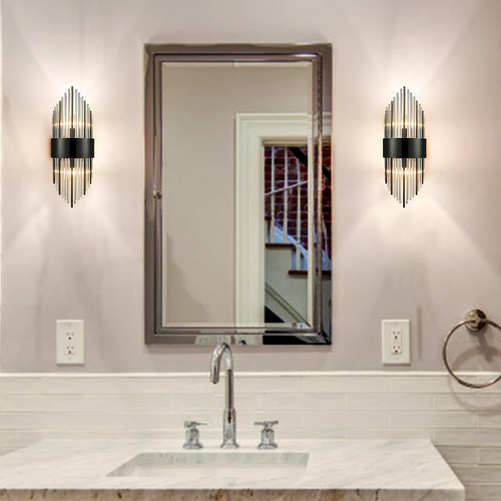 SAMTEEN Modern 2-Light Crystal Wall Sconces Set of Two Black Glass Bathroom Wall Light Fixtures Luxury Crystal Sconces Wall Decor for Bedroom Hallway Entryway