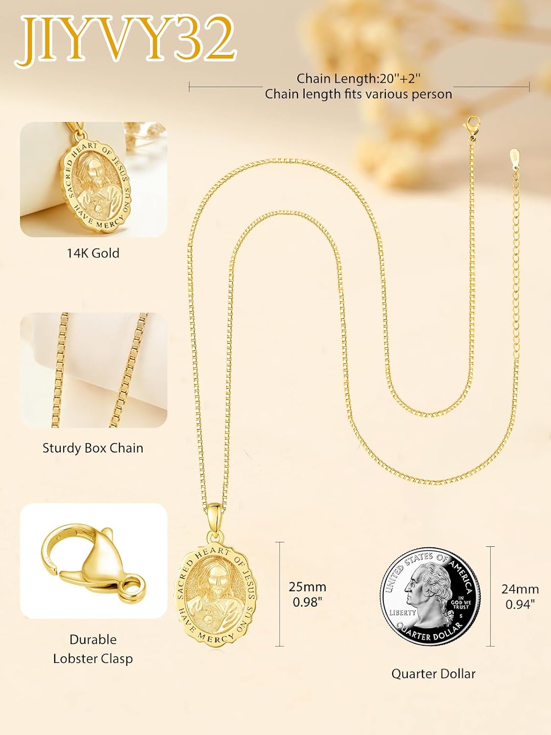14K Gold Saint Medal Necklace for Women, Catholic Patron Saint Pendant Necklace, Christian Religious Jewelry Gift for Confirmation Baptism Communion Christmas Birthday