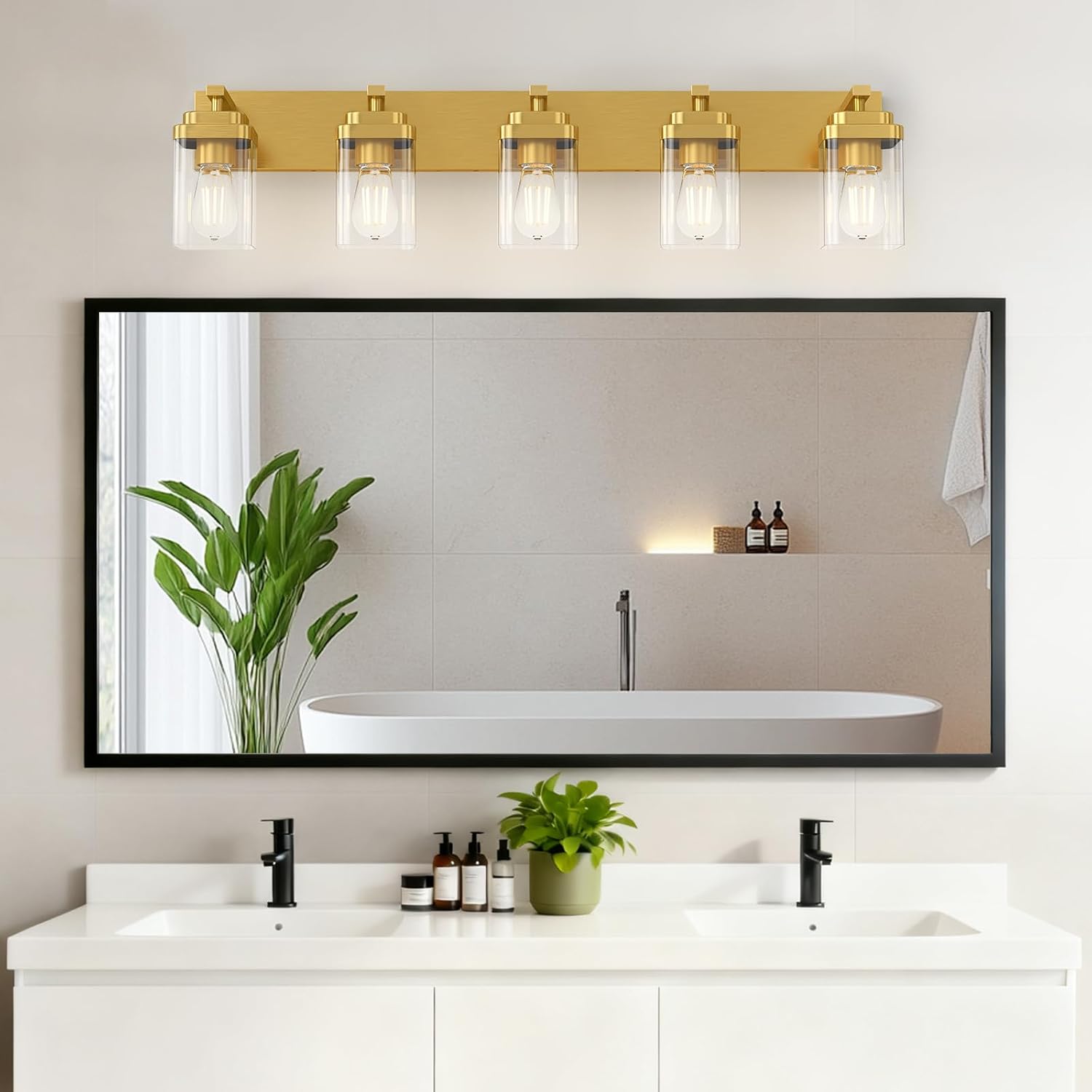 Brushed Gold Bathroom Light Fixtures, 5 Lights Bathroom Lighting Fixtures Over Mirror, Square Design & Rectangle Large Backplate, Modern Vanity Lighting Fixtures, for Living Room/Bedroom