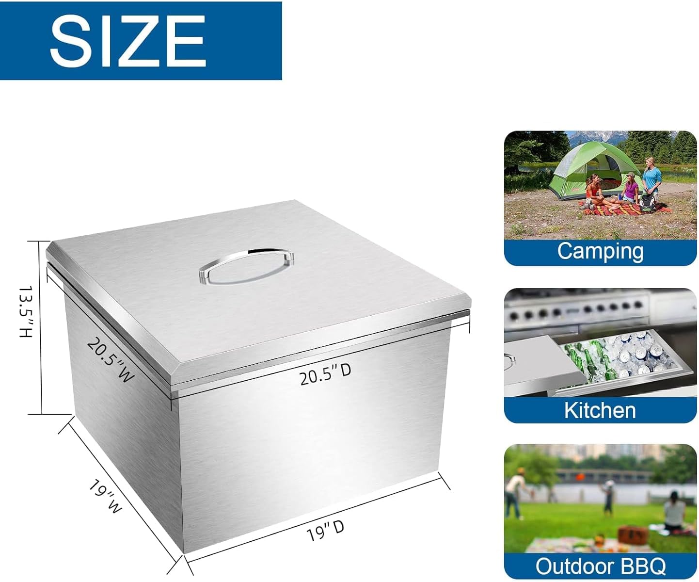 Stainless Steel Drop-in Ice Chest, 20.5'L X 20.5'W X 13'H Inch Drop-in Ice Cooler with Removable Cover Ice Bin Drain-pipe and Drain Plug Included for Cold Wine Beer, Silver