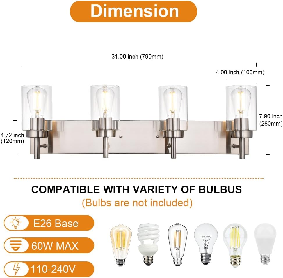 4 Lights Bathroom Vanity Light Fixture Brushed Nickel Sconces Wall Lighting Modern Industrial Indoor Wall Mounted Lamp for Kitchen Dining Room (Patent No.: US D958,438 S)