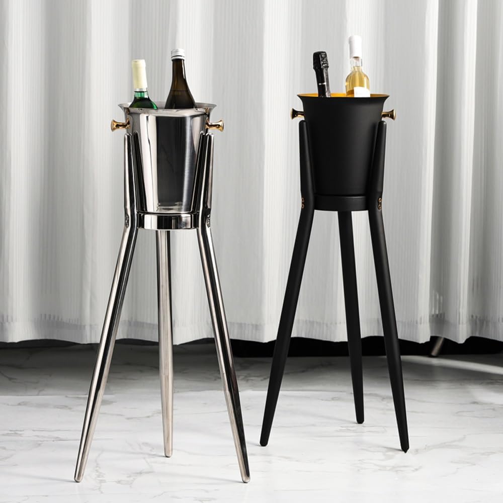 Ice Bucket, Ice Bucket for Parties, Stainless Steel Wine Cooler with Stand - Handles - Tall Ice Bucket Stand for Party Bar Wedding Club BBQ Home(Black)