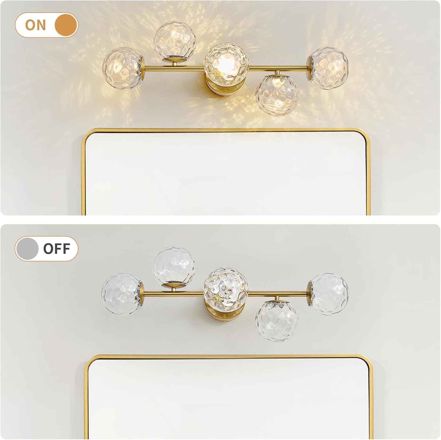 LED Bathroom Vanity Light Fixtures: 3000K Modern Gold Brush Brass 5 Lights Wall Sconce - 20W Dimmable Midcentury Vanity Light with Hammered Clear Globe Bubble Glass Shade for Bathroom Hallway Bedroom