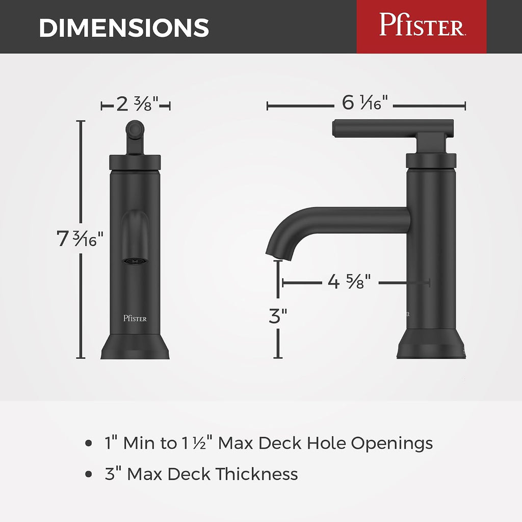 Pfister Capistrano Single Handle Bathroom Sink Faucet 1 Hole Matte Black Vanity Faucet with Push & Seal Drain NSF Certified Water-Efficient TiteSeal Technology LF042CSOSDB