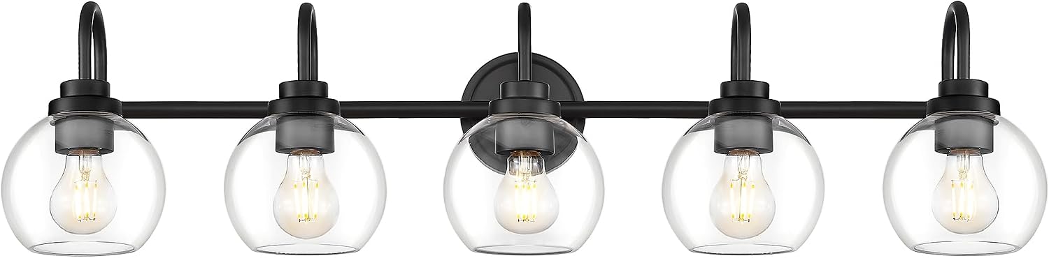 Bathroom Light Fixtures, 5-Light Matte Black Vanity Lights with Globe Clear Glass, 35 Inch Modern Vanity Lighting Fixtures Over Mirror, AD-22280-5W-BK