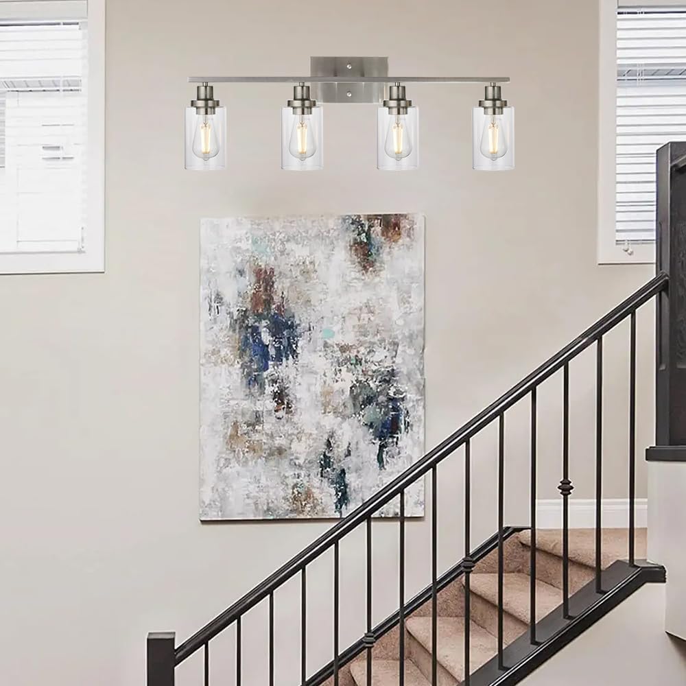 MELUCEE Bathroom Light Fixtures Brushed Nickel 4 Heads Modern Vanity Lights Wall Sconce with Clear Glass Shade for Hallway Kitchen Bedroom Living Room (Patent No.: US D963914 S)