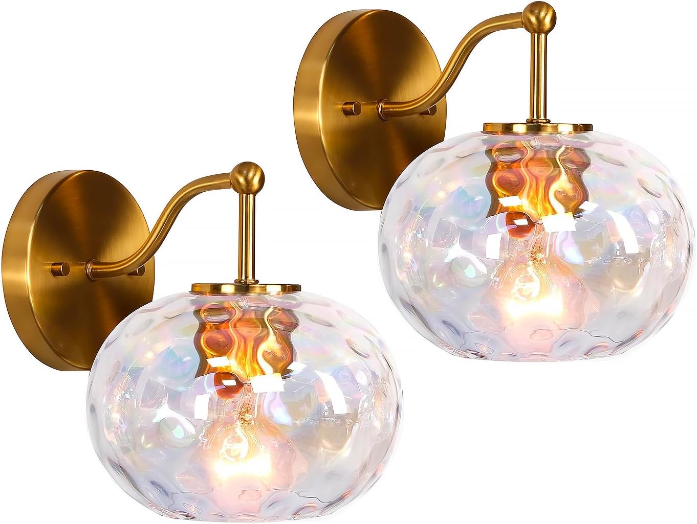 Brushed Gold Vanity Light Set of 2 Stained Hammered Glass Wall Sconce 1-Light Brass Wall Lamp for Hallway Living Room Stairwell Bathroom Over Mirror (Brass Gold, 1-Light)