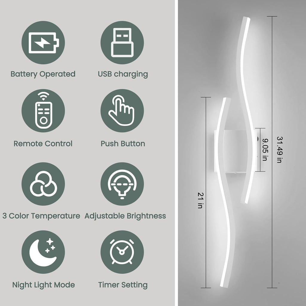 Modern LED Wall Sconce Set of Two, Dimmable Battery Powered Wall Sconces, 3000K-6500K LED Wireless Wall Light with Remote, Wall Lamp Indoor not Hardwired for Room Bedroom Corridor（White）
