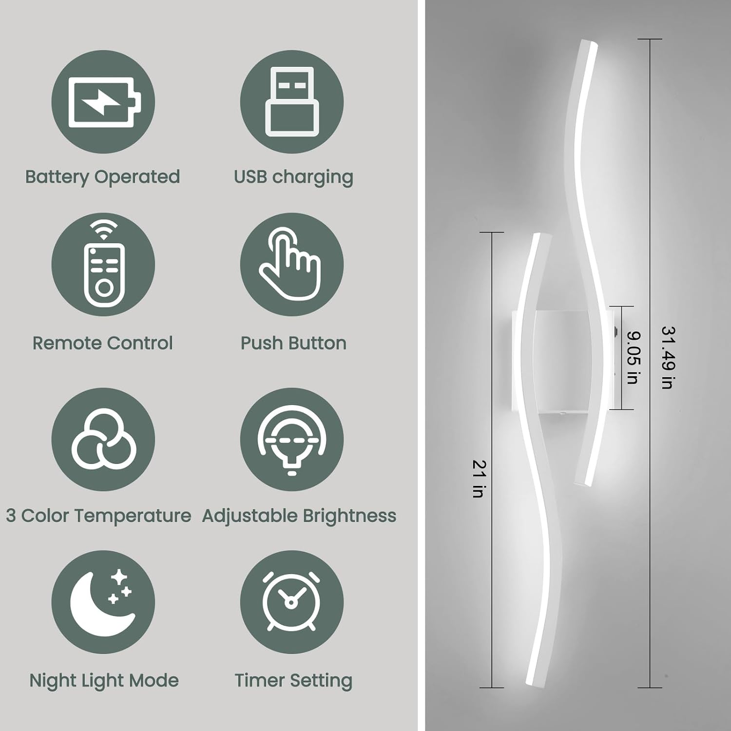 Modern LED Wall Sconce Set of Two, Dimmable Battery Powered Wall Sconces, 3000K-6500K LED Wireless Wall Light with Remote, Wall Lamp Indoor not Hardwired for Room Bedroom Corridor（White）