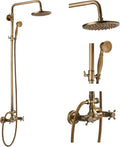 gotonovo Exposed Bathroom Shower Faucet Set Shower Fixture 8 Inch Rainfall Shower Head Handheld Shower Cross Handle Wall Mount 2 Functions Antique Brass
