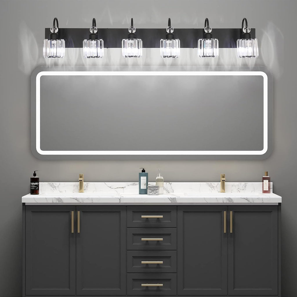 Ralbay Modern 6-Light Black Crystal Vanity Lights for Bathroom - Matte Black Crystal Wall Light Fixtures