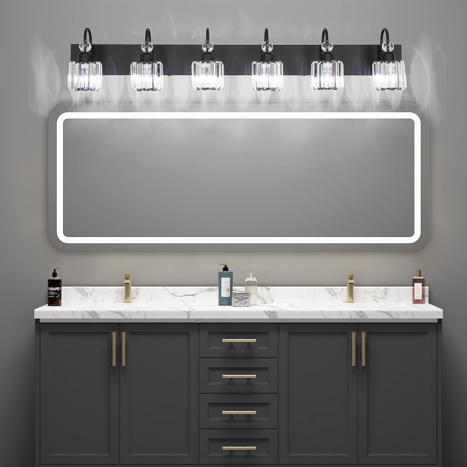Ralbay Modern 6-Light Black Crystal Vanity Lights for Bathroom - Matte Black Crystal Wall Light Fixtures