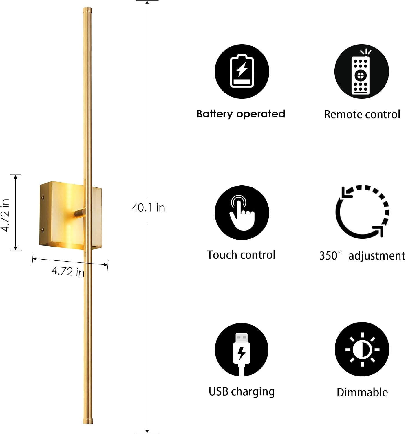 KARTOOSH 40.1 Inch Wall Sconces Battery Operated for Bedroom Hallway, Rechargeable Wireless Wall Lamp Set of 2, 3000K Warm White Dimmable Wall Light w/Remote Timer Memory Indoor Sconce Decor, Gold