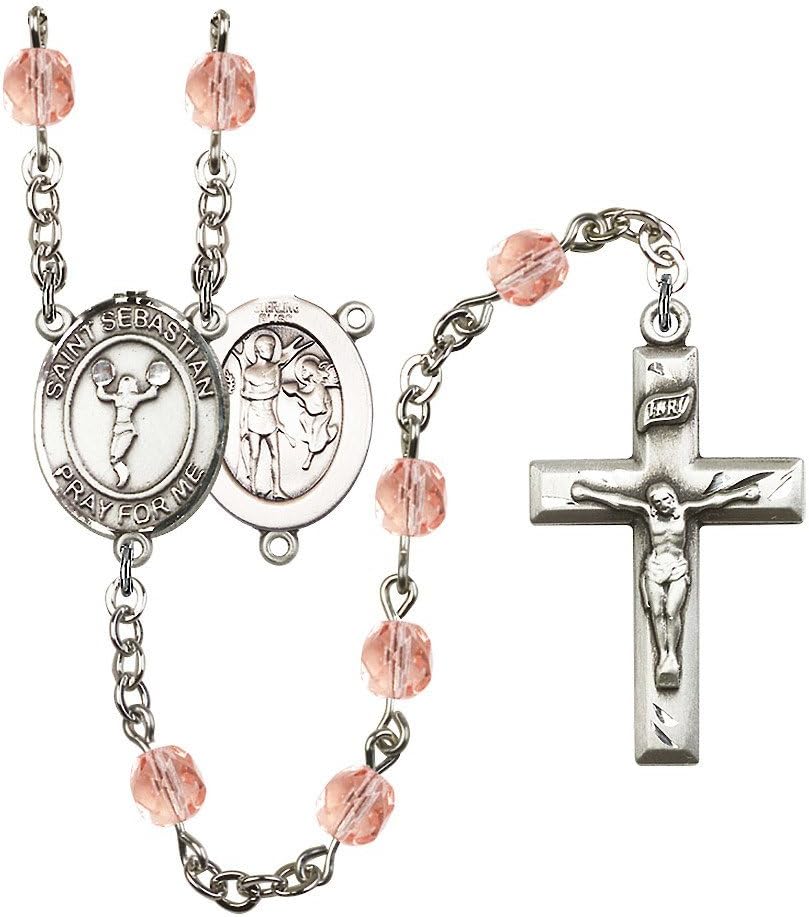St. Sebastian/Cheerleading Silver-Plated Rosary 6mm October Pink Fire Polished Beads Crucifix Size 1 3/8 x 3/4 medal charm