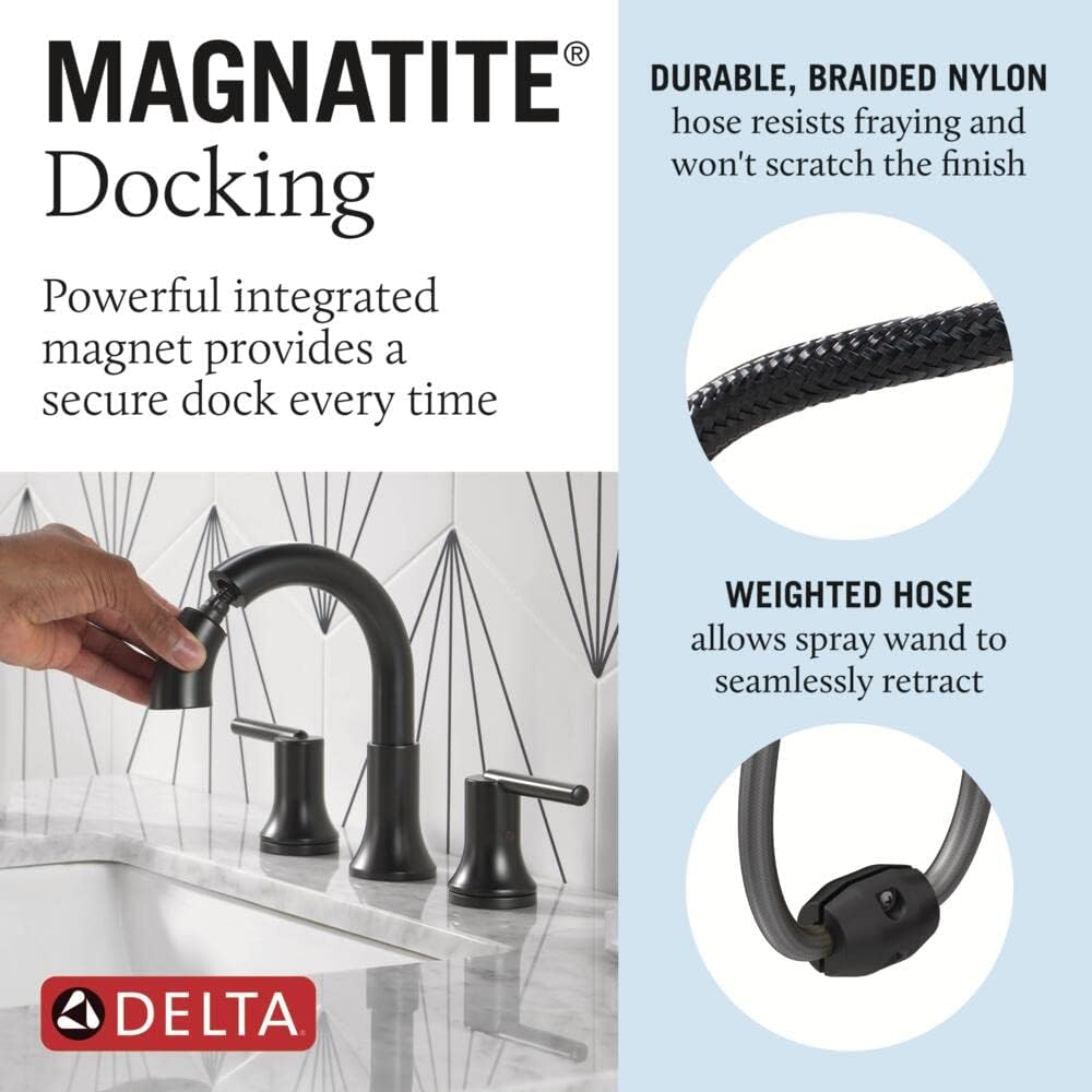 Delta Faucet Trinsic Pull Down Bathroom Faucet, Bathroom Pull Out Faucet, Black Widespread Bathroom Faucet 3 Hole Pull Down Sprayer, Bathroom Sink Faucet Magnetic Docking, Matte Black 3559-BLPD-DST