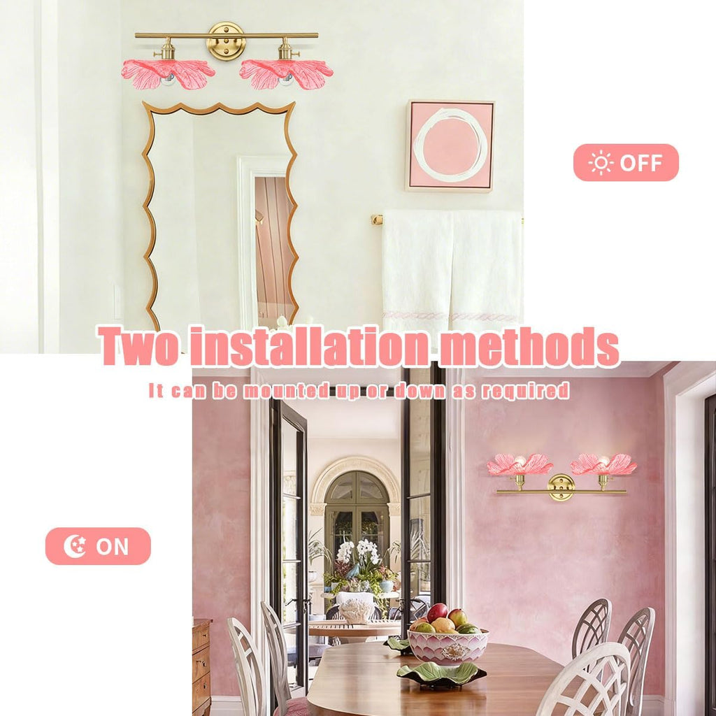 Pink Glass Wall Sconce Light Gold Brass Bathroom Vanity Lights | 2 Light, Bathroom Lights Over Mirror, Vintage, MCM, Grils Room,Bedside,Doorway, E26, Easy to Install, Wall Sconce, Wall Light