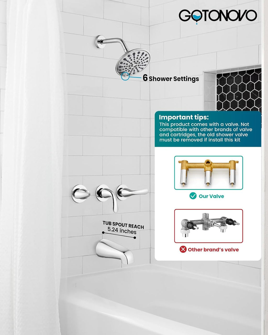 gotonovo 3 Handle Tub Shower Faucet Set, Bathtub Shower Fixture,Bathroom Tub and Shower Faucet Combo Shower System Complete Tub and Shower Trim Kit with 6 Settings Showerhead Polished Chrome