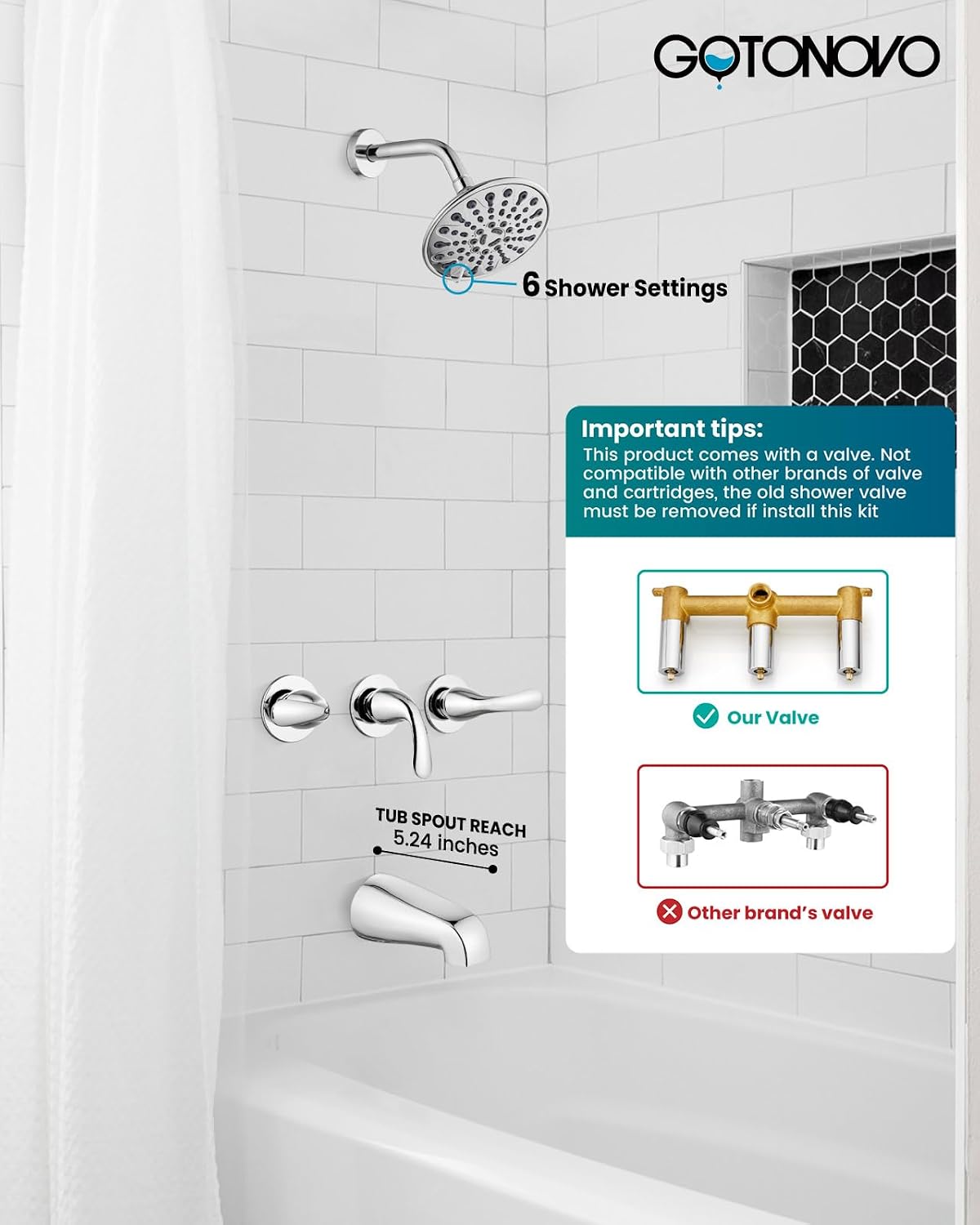 gotonovo 3 Handle Tub Shower Faucet Set, Bathtub Shower Fixture,Bathroom Tub and Shower Faucet Combo Shower System Complete Tub and Shower Trim Kit with 6 Settings Showerhead Polished Chrome