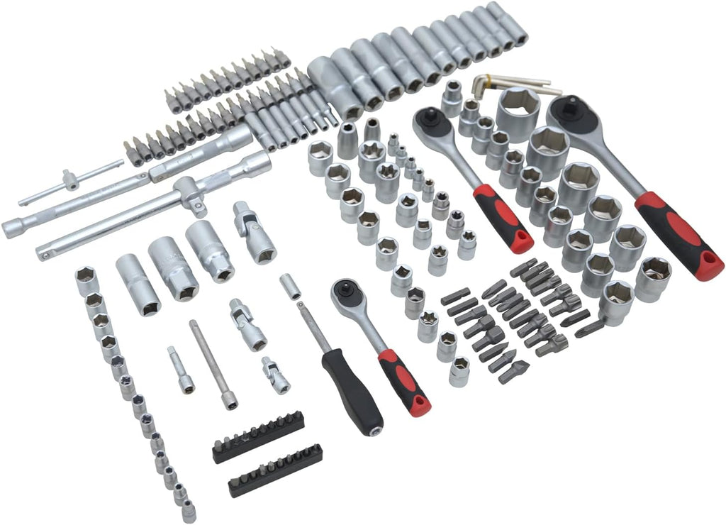 171 Pieces Socket Set, 1/4 and 3/8 Inch Drive Mechanic Tool Set, Motorcycle Tool Kit with Ratchet Handle, Universal Joint, Extension Bar, Home Auto Repair Set (171p)