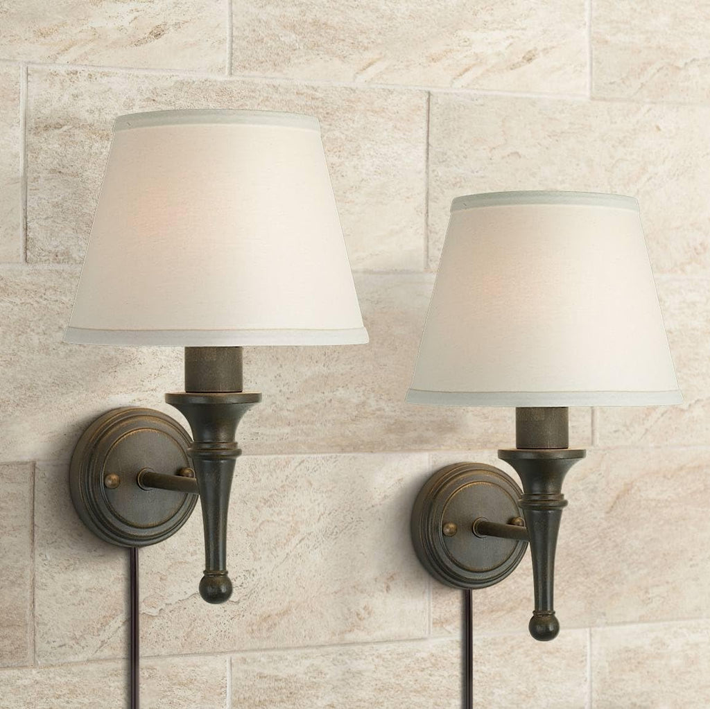 Regency Hill Braid Rustic Vintage Wall Light Sconces Set of 2 with Smart Sockets Bronze Copper Metal Plug-in 7' Fixture Ivory Cotton Empire Shades for Bedroom Reading Living Room Hallway