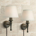 Regency Hill Braid Rustic Vintage Wall Light Sconces Set of 2 with Smart Sockets Bronze Copper Metal Plug-in 7' Fixture Ivory Cotton Empire Shades for Bedroom Reading Living Room Hallway