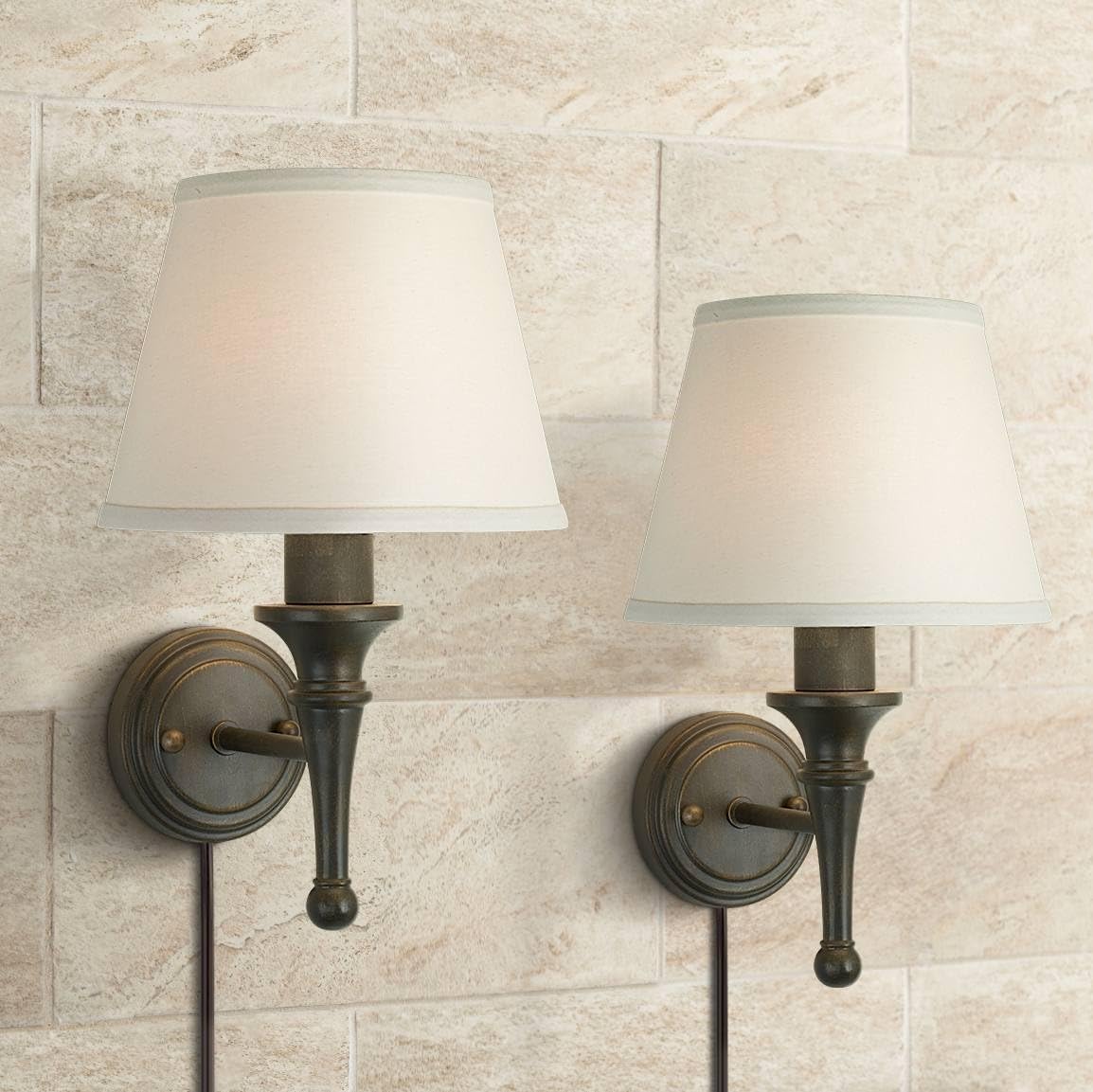 Regency Hill Braid Rustic Vintage Wall Light Sconces Set of 2 with Smart Sockets Bronze Copper Metal Plug-in 7' Fixture Ivory Cotton Empire Shades for Bedroom Reading Living Room Hallway