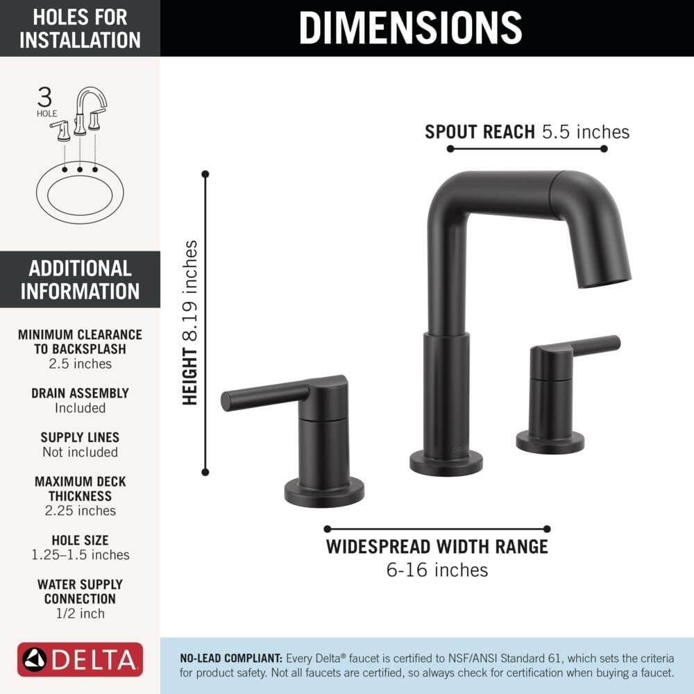 Delta Nicoli Matte Black Bathroom Faucet with Sprayer, 8 Inch 3 Hole Widespread Bathroom Sink Faucet with Pull Out Sprayer, Push-Pop Drain, Matte Black 35849LF-BLPD.