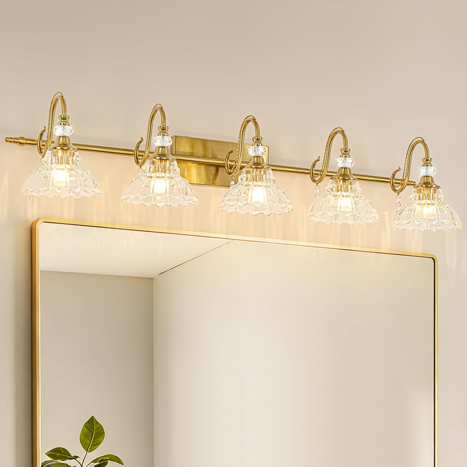 Vintage Bathroom Vanity Light, 5-Light Brushed Gold Finish Wall Sconce with Hanging Crystal Accents and Flower-Shaped Clear Glass Shades, Retro Wall Mount Vanity Light Over Mirror for Bathroom