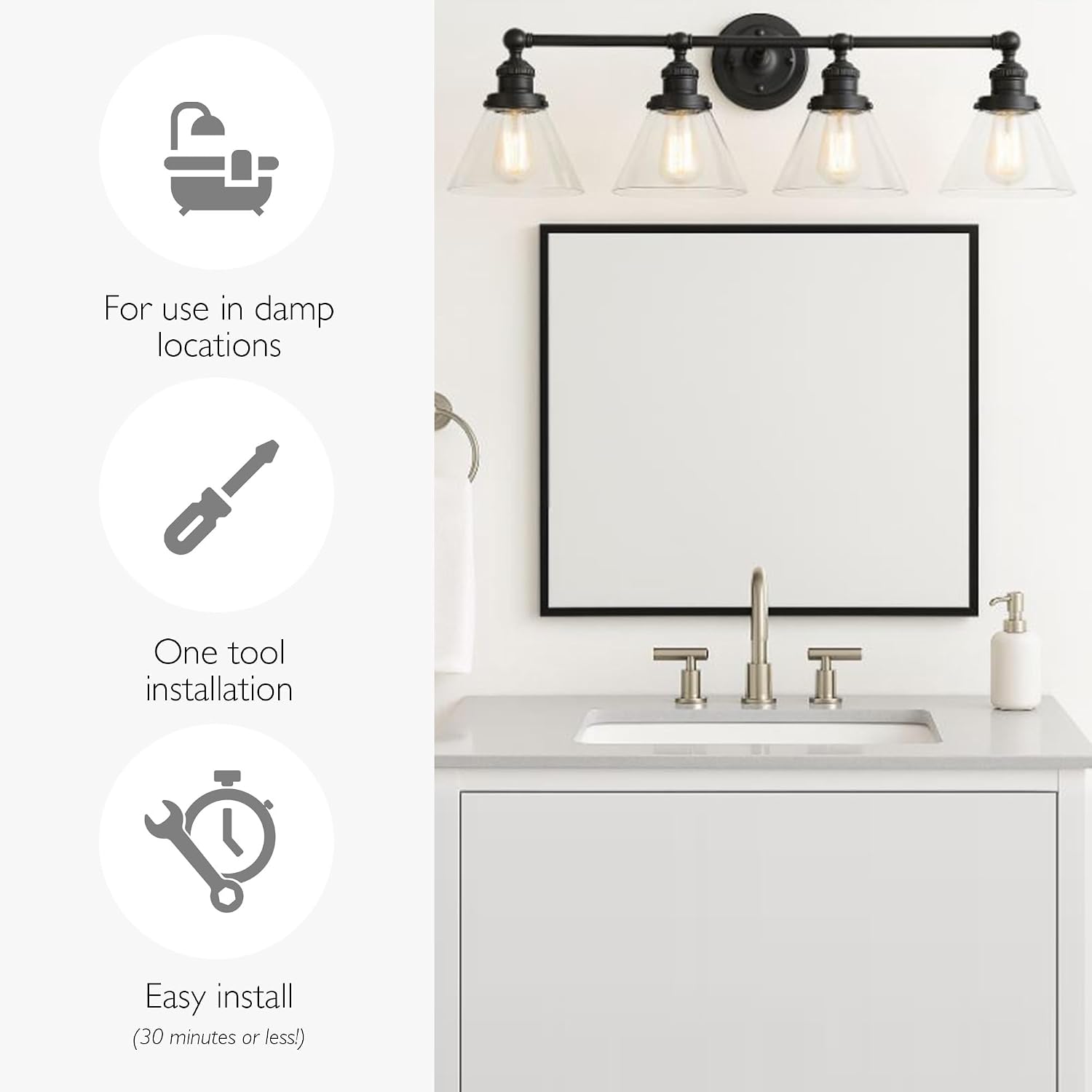Design House Augustin Vanity Light, 4-Light, Seeded Glass Warm Glow, Dimmable, Up/Down Glow, Easy Installation, E26 Socket, Black, 34.9 in L x 8.3 in D x 11.1 in H, 589044-BLK
