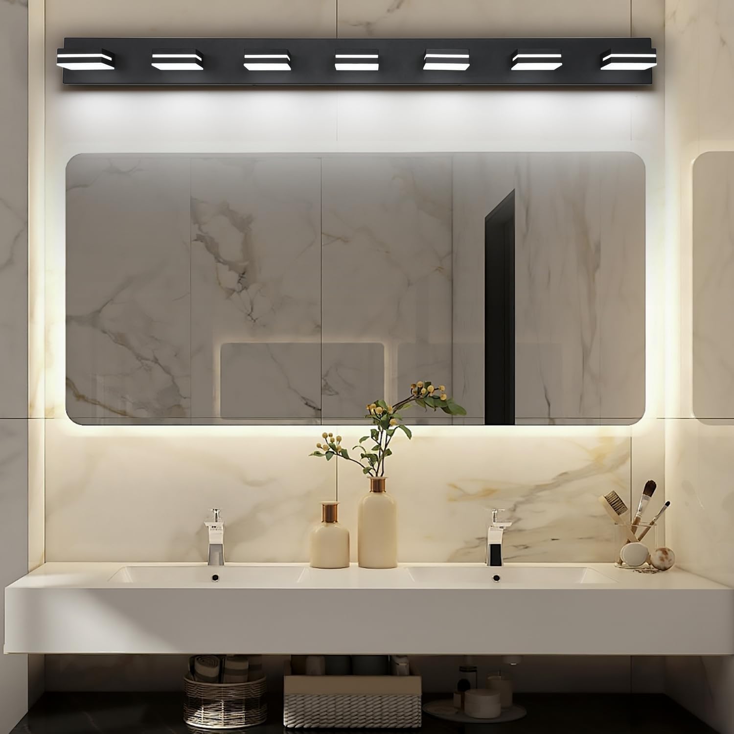 SineRise LED Modern Bathroom Vanity Light Fixtures (7-Light, 55-Inch), Matte Black Modern Acrylic Bathroom Wall Lighting Fixtures Over Mirror (Cool White 6000K)