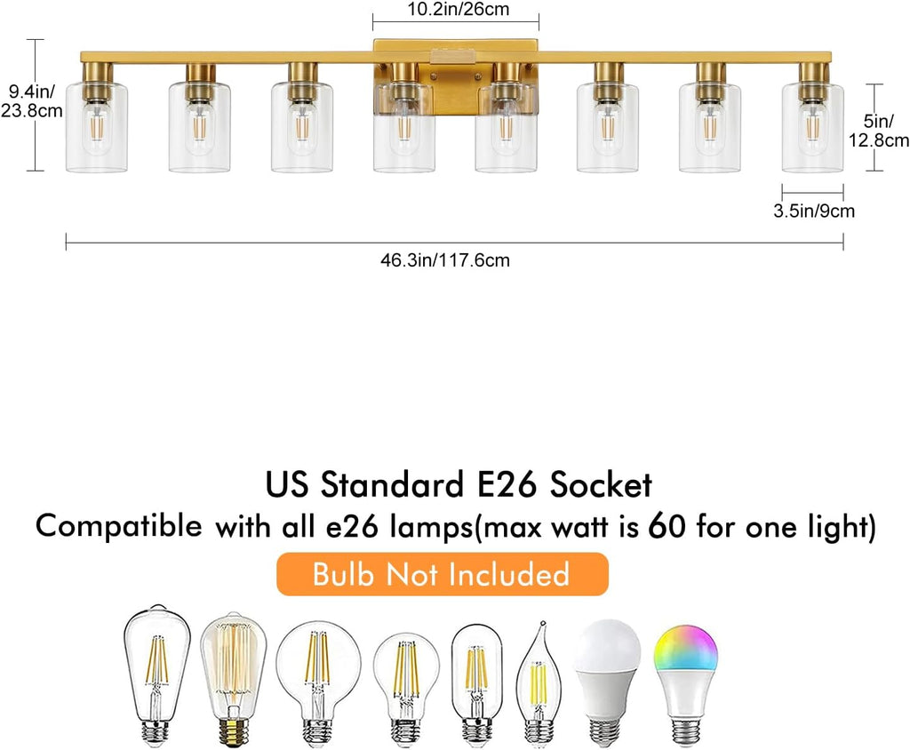 8 Light Gold Bathroom Light Fixtures, Modern Large Vanity Lights with Clear Glass Shade, Brushed Brass Bathroom Lighting Fixtures Over Mirror, Wall Scones Light for Bedroom, Living Room