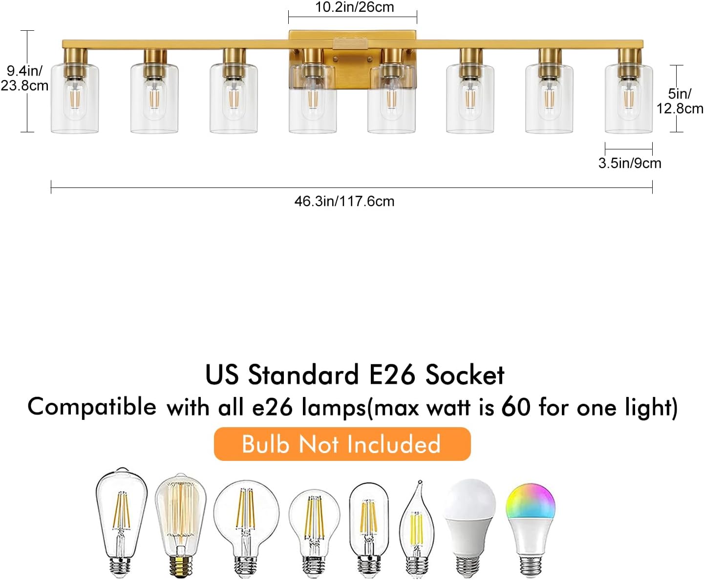 8 Light Gold Bathroom Light Fixtures, Modern Large Vanity Lights with Clear Glass Shade, Brushed Brass Bathroom Lighting Fixtures Over Mirror, Wall Scones Light for Bedroom, Living Room