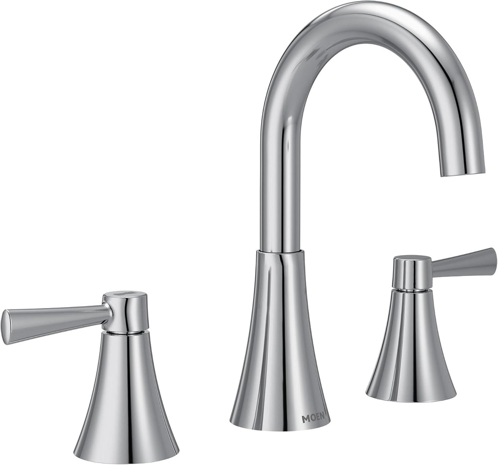 Moen 84023 Ronan Two-Handle Widespread Bathroom Sink Faucet, Valve Included, Chrome, Modern 3-Hole Faucet with Push-Down Drain Assembly