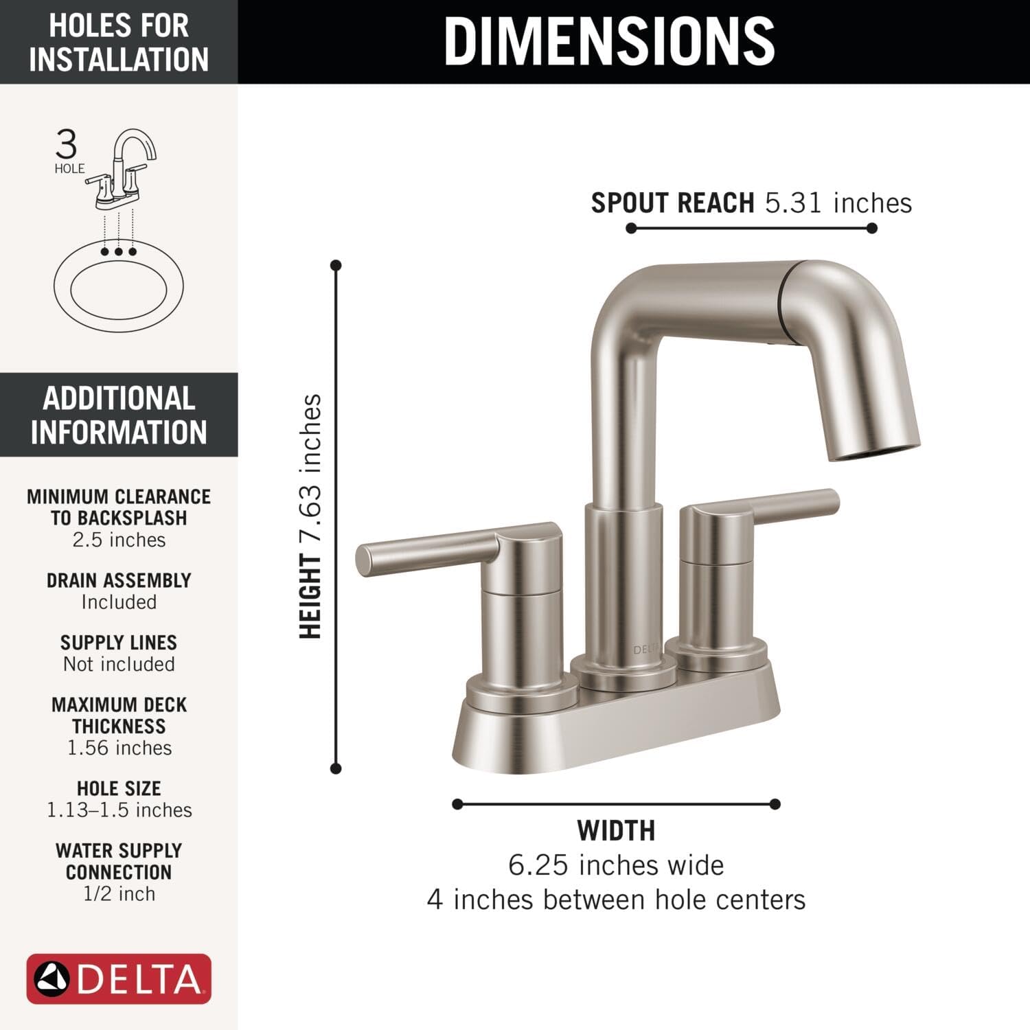 Delta Nicoli Centerset Brushed Nickel Bathroom Faucet with Sprayer, 4 Inch 3 Hole Bathroom Sink Faucet with Pull Out Sprayer, Push-Pop Drain, Stainless 25849LF-SSPD
