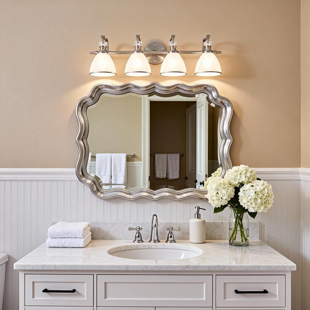 ANDY STAR Bathroom Light Fixtures Over Mirror, 4-Light Brushed Nickel Vanity Lights for Bathroom, 27.8 Inch Vintage Wall Sconce with Milk White Bell Glass Shades, Rustproof Silver Finish, E26 Base