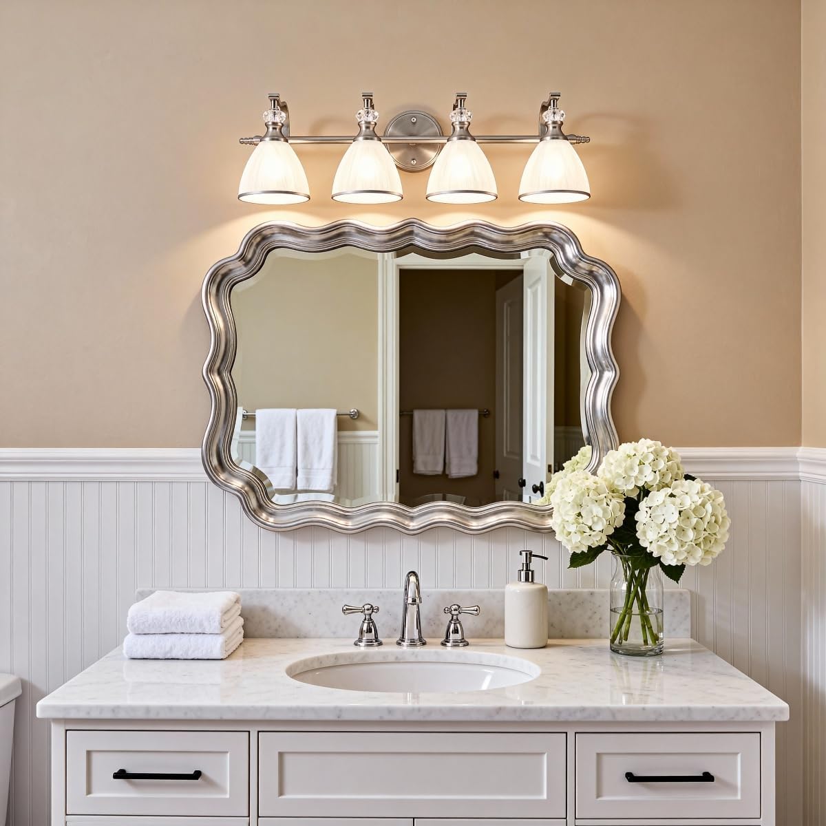 ANDY STAR Bathroom Light Fixtures Over Mirror, 4-Light Brushed Nickel Vanity Lights for Bathroom, 27.8 Inch Vintage Wall Sconce with Milk White Bell Glass Shades, Rustproof Silver Finish, E26 Base
