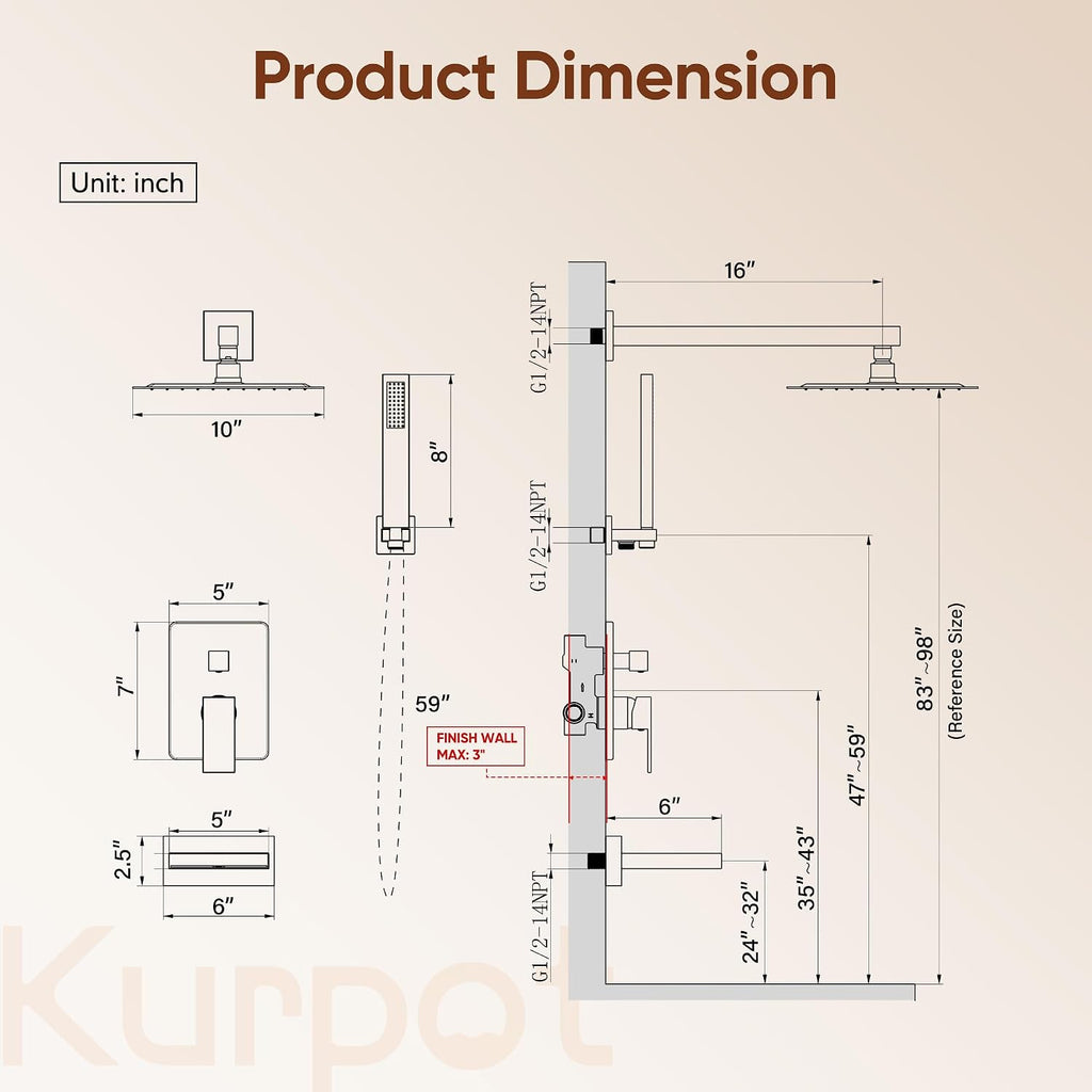 Kurpot Shower System with Tub Spout, All Metal Matte Black Shower Faucet Set with Valve, 10'' Rain Shower Head with Handheld Spray, 59'' Shower Hose and Diverter, Wall Mounted Bath Tub Faucet Set