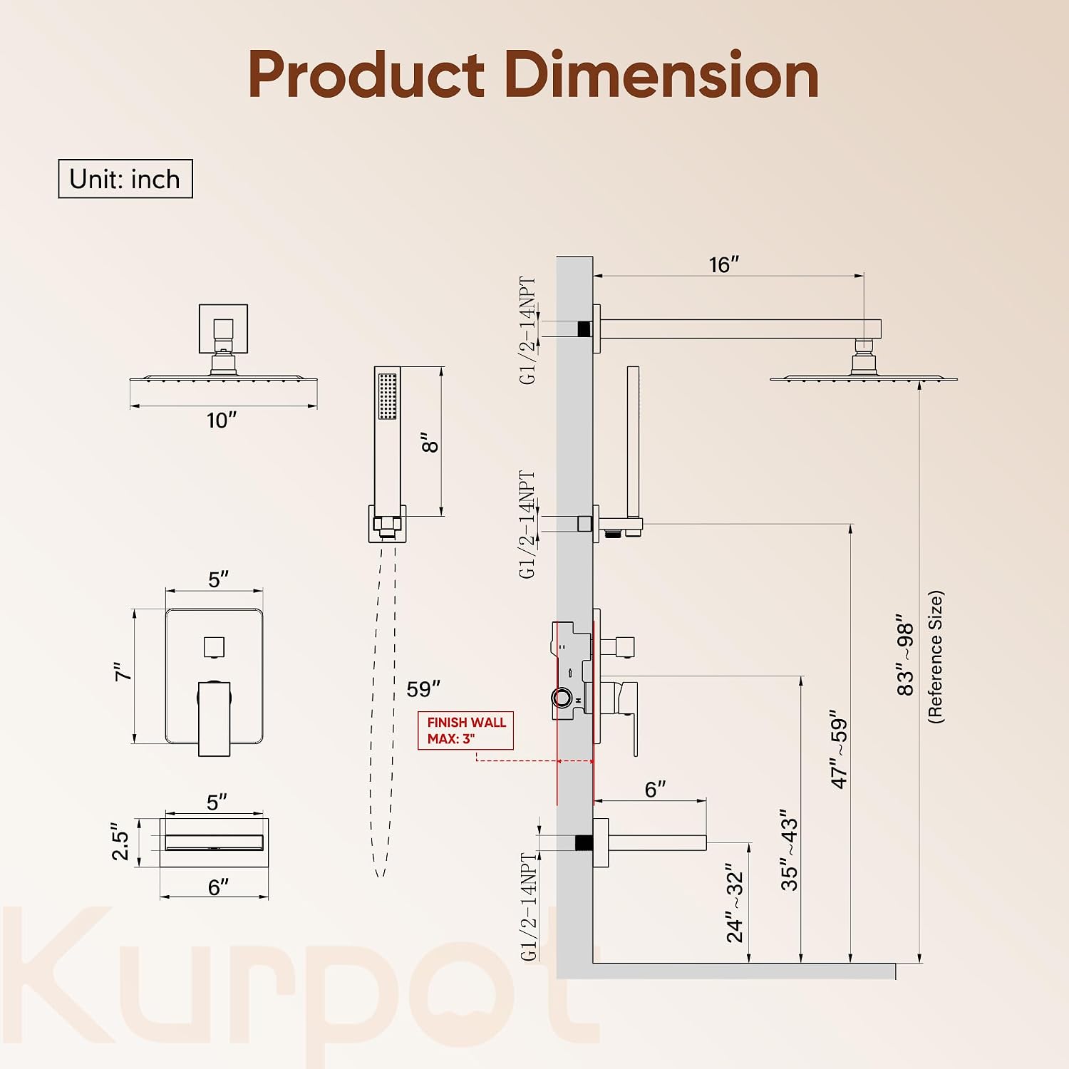 Kurpot Shower System with Tub Spout, All Metal Matte Black Shower Faucet Set with Valve, 10'' Rain Shower Head with Handheld Spray, 59'' Shower Hose and Diverter, Wall Mounted Bath Tub Faucet Set