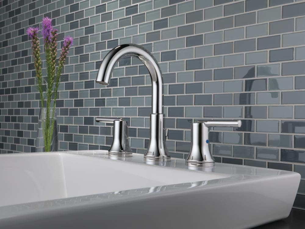 Delta Trinsic Chrome Bathroom Faucet 3 Hole, 8 Inch Widespread Bathroom Sink Faucet for Vanity, Metal Push-Pop Drain Assembly, Chrome 3559-MPU-DST