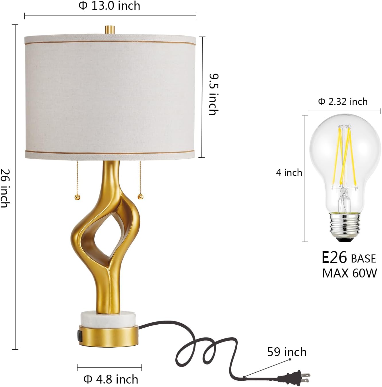26' Modern Table Lamp Set of 2 for Living Room Bedroom, Gold Sculptural Table Lamp with 2 USB Ports, Resin Desk Lamps Marble Base with Double Pull Chains for Bedside End Tables, Bulb Included