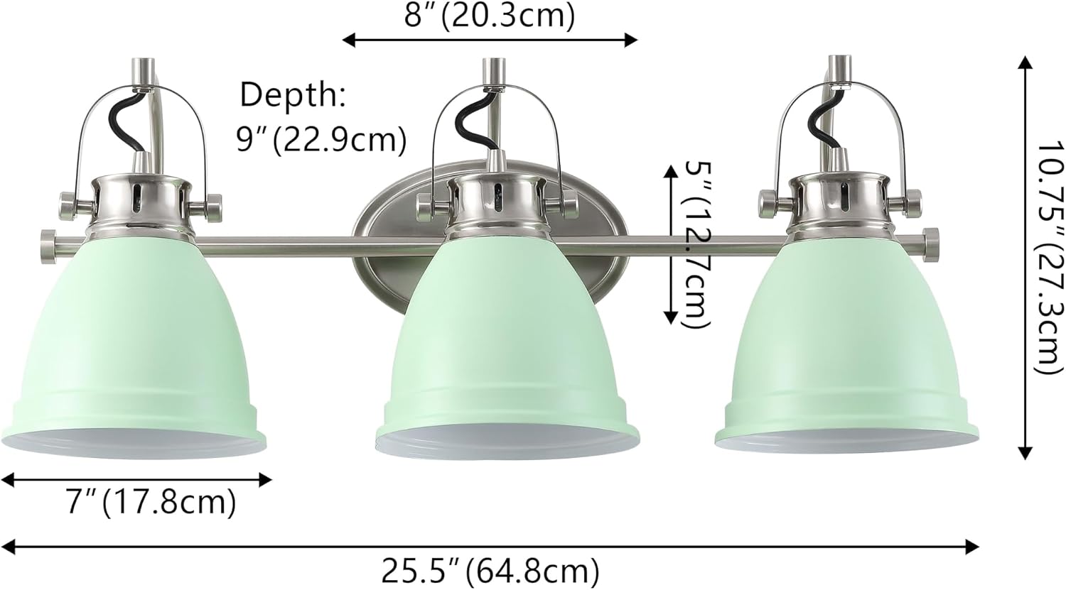 JONATHAN Y 25.5' Mint Green/Nickel 3-Light LED Vanity Light, Adjustable Wall Sconce for Bathroom Mirror, Farmhouse Bohemian Kitchen Light, Iron Black Bell Shade (JYL1116C)