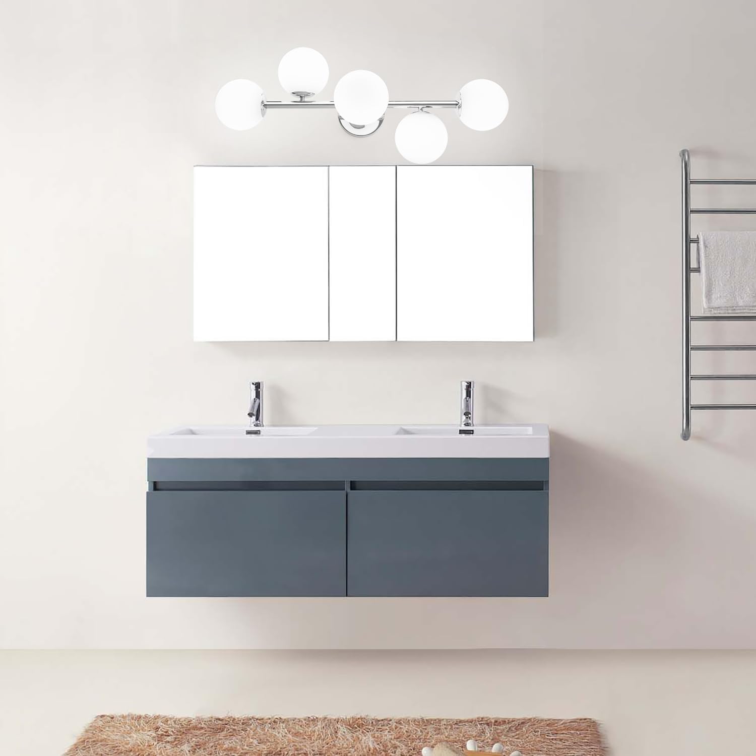 Bathroom Vanity Lights, Mid Century Modern 5-Light Bathroom Light Fixtures, Chrome Bathroom Lights Ceiling Light, Wall Sconces Wall Mount Light Fixtures with Milk Globe Glass, Chrome Finish, G9 Base