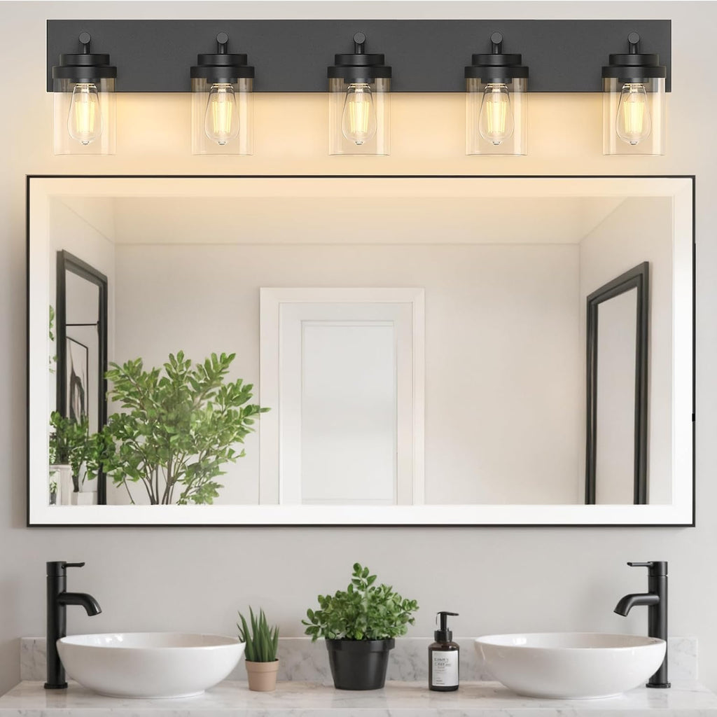 IZORRO Bathroom Vanity Light Fixture, 5-Light 36 Inch Matte Black Bathroom Light Fixtures Over Mirror, with Clear Glass Shade, Modern Farmhouse Vanity Lights, Rustic Restroom Lighting Fixtures